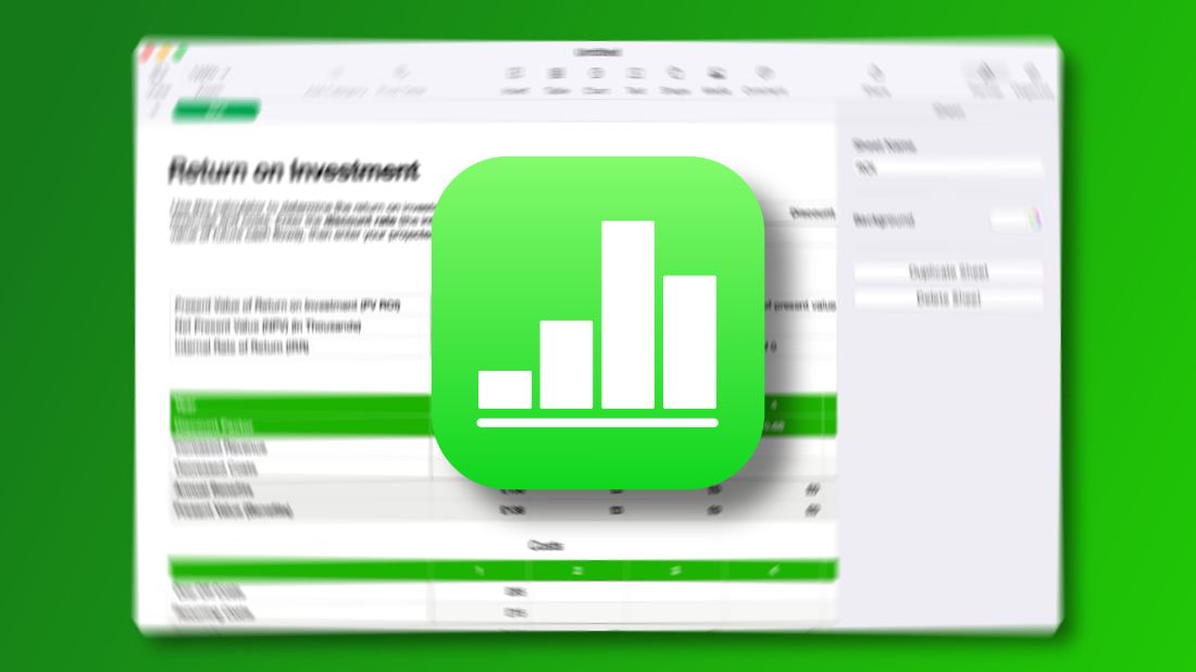 The Apple Numbers logo against a screenshot of a blurred Apple Numbers spreadsheet against a gradient colored background.