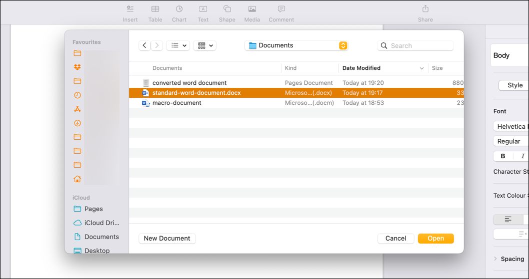 The menu for opening files in Apple Pages, showing various Word and Pages file types to open.