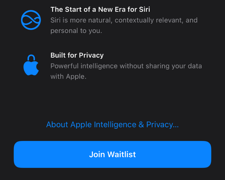 Screenshot of Apple Intelligence waitlist button in Settings app.