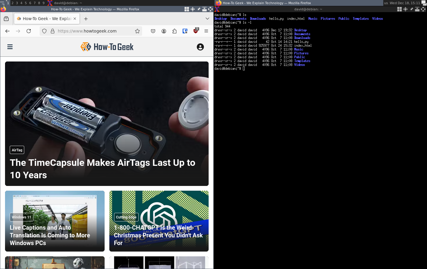 Awesome window manager running in Debian with Firefox browser and a terminal tiled side-by-side.