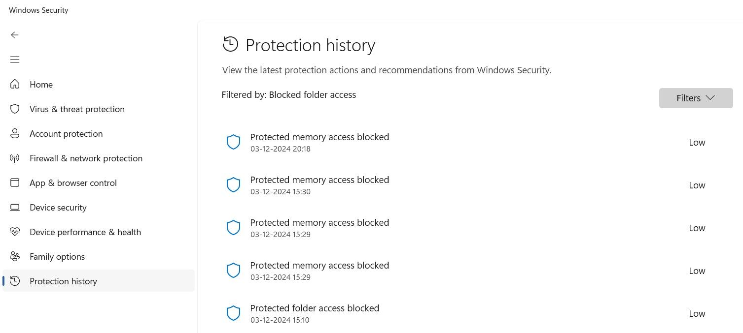 Blocked Folder settings in the Windows Security app.