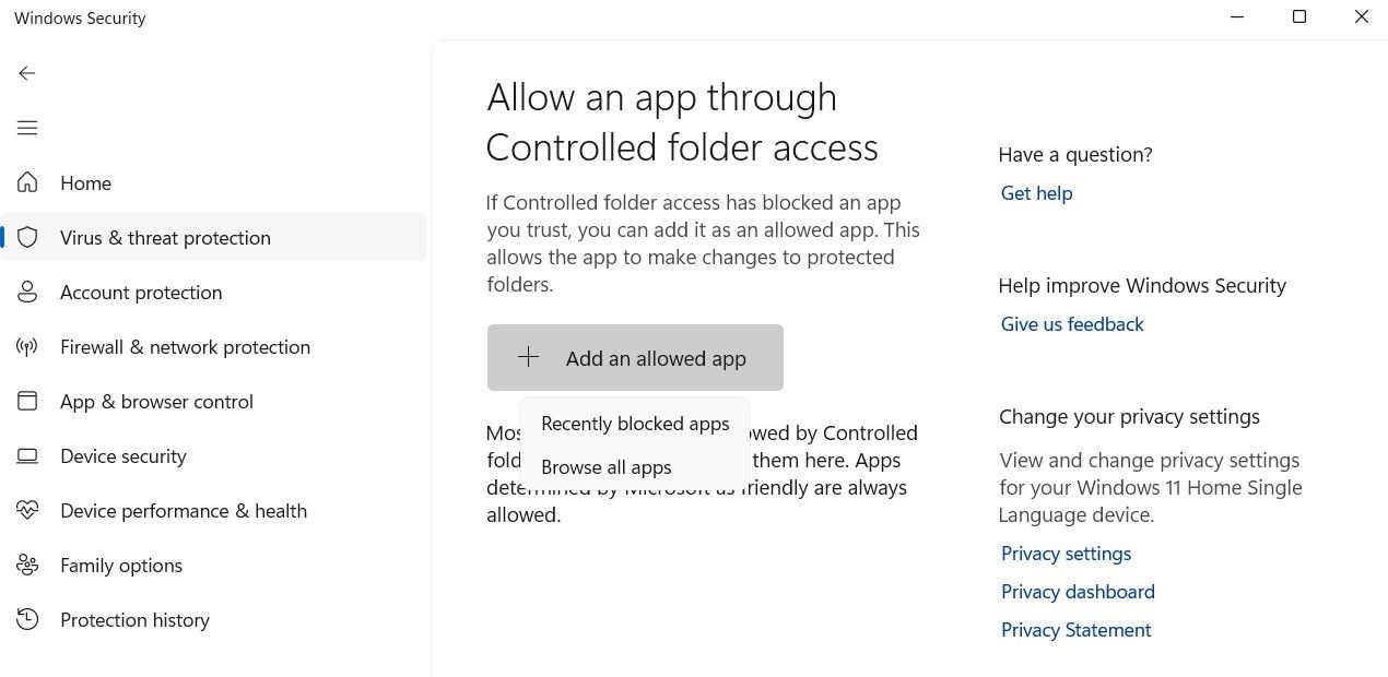 Browse all apps option in Windows Security app.