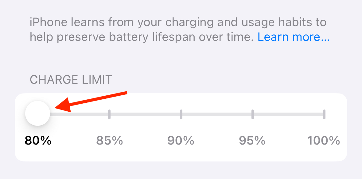 Charge Limit set to 80% on an iPhone.