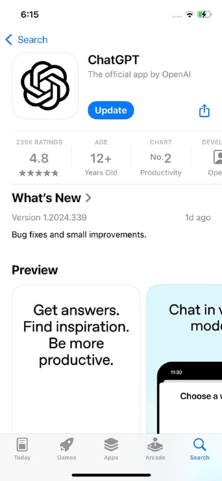 Update the ChatGPT app on your iPhone