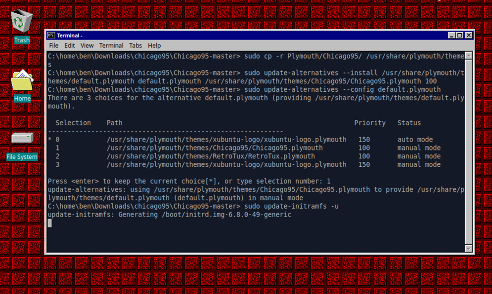 Changing the Xubuntu boot image to show the Windows 95 equivalent using commands issued via the terminal.