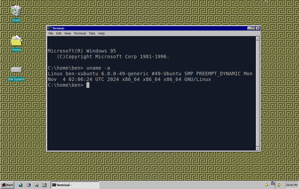An Chicago95 themed XUbuntu PC, showing a Windows 95 style experience, but with a terminal confirming that it is, infact, Linux.