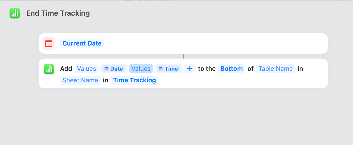 Completed End Time Tracking shortcut in Shortcuts app on Mac.