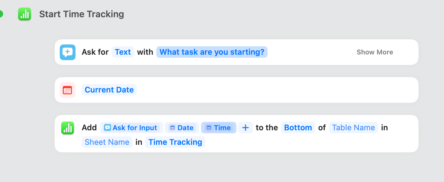 Completed Start Time Tracking shortcut in Shortcuts app on Mac.