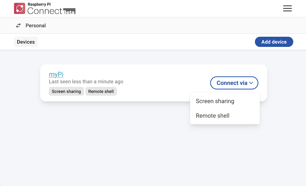 The process of connecting to Raspberry Pi Connect using screen sharing.