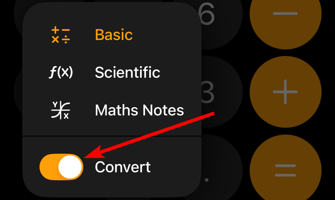 Switching in the unit converter in the Calculator app on iPhone.