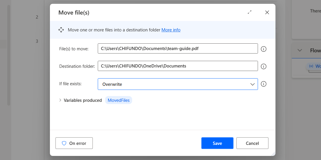 Creating the "Move File(s)" action in Power Automate on Windows.