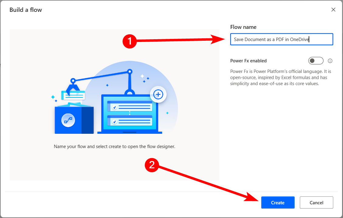 Creating a new flow in Power Automate on Windows.