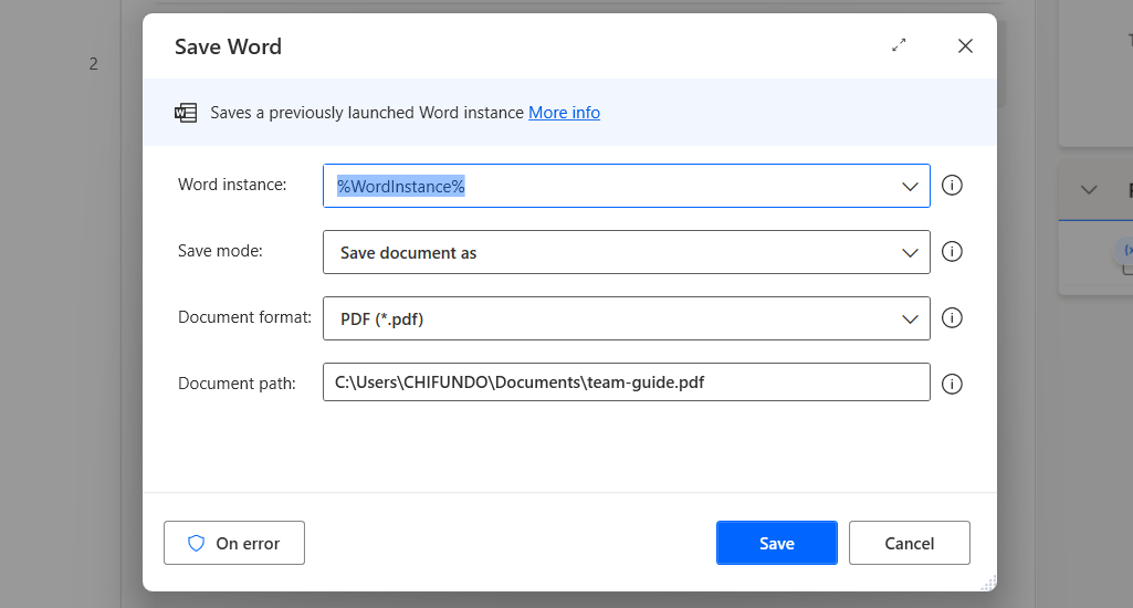 Create the "Save Word" action in Power Automate on Windows.