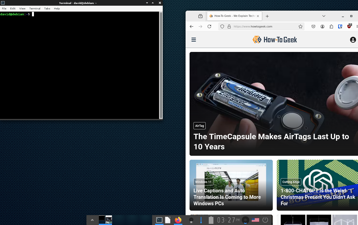 Enlightenment window manager running on Debian with terminal and Firefox browser.