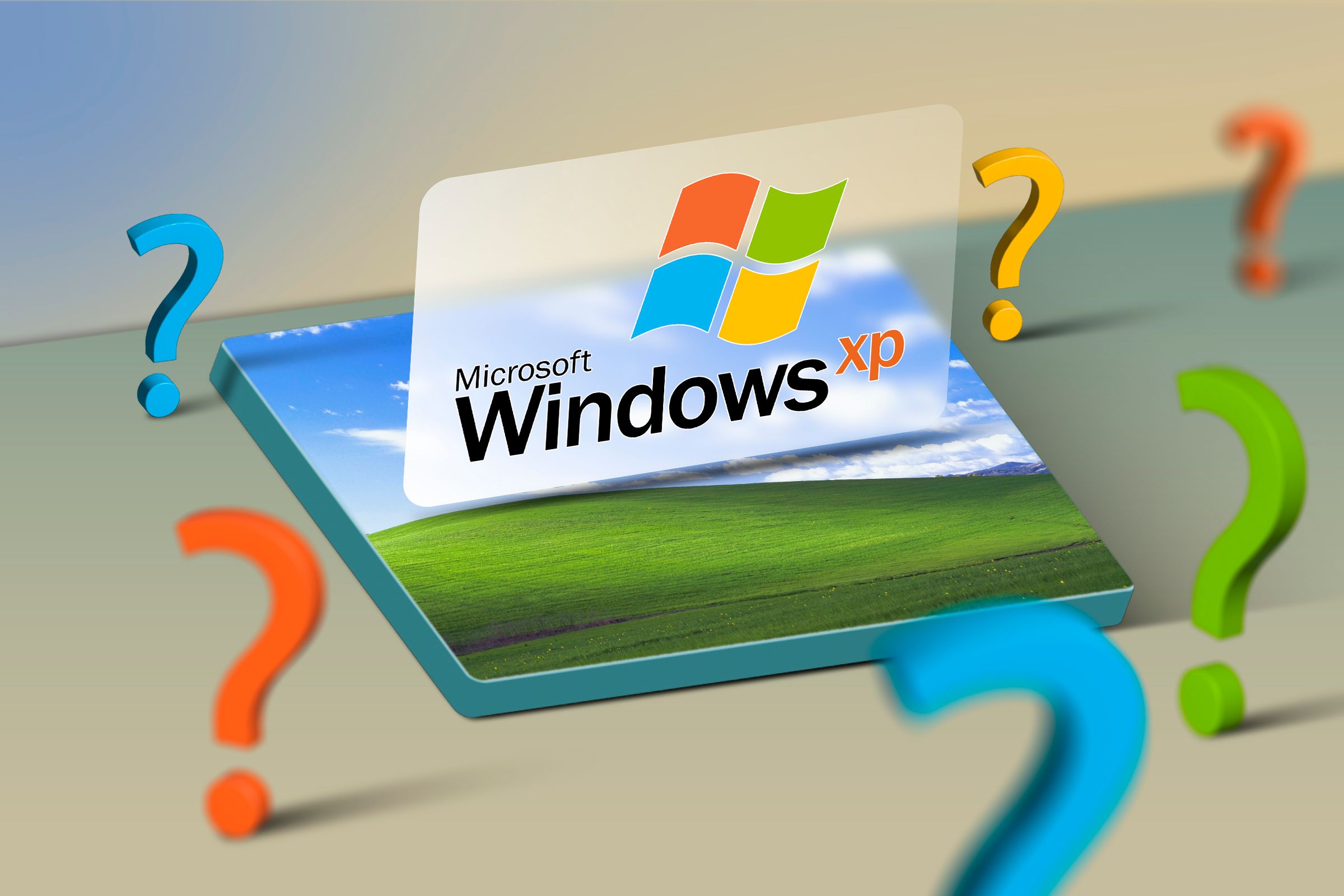 Default Windows XP wallpaper, the logo above, and several question marks around.