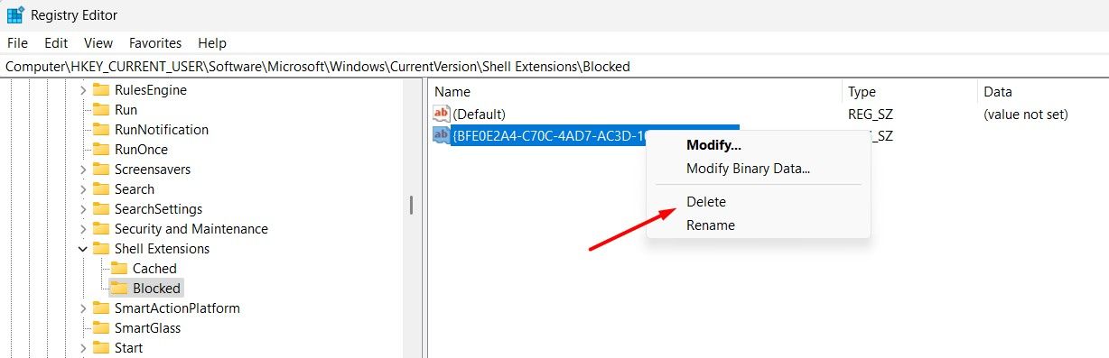 Delete option for the {BFE0E2A4-C70C-4AD7-AC3D-10D1ECEBB5B4} string value.