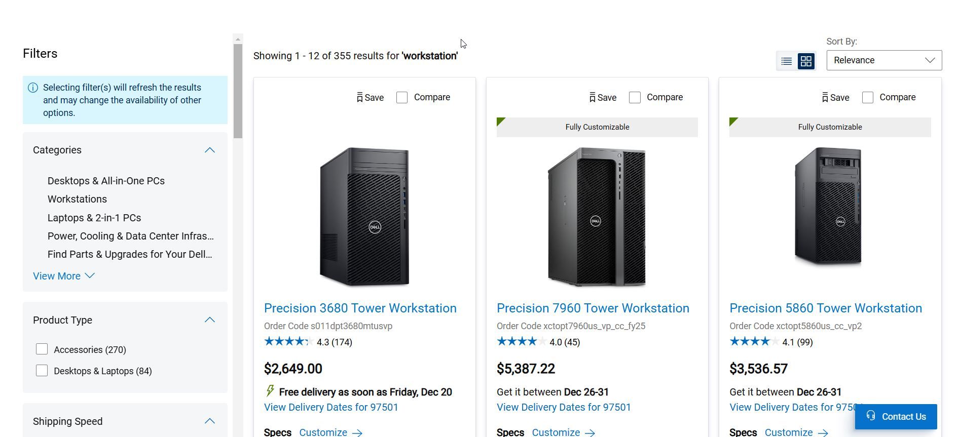 Search results for "workstation" showing Precision workstations on the Dell website.