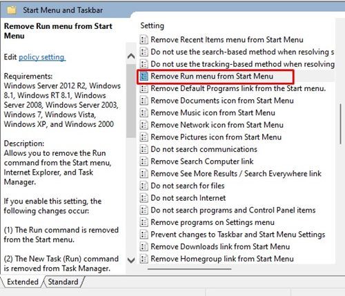 Remove Run menu from Start Menu