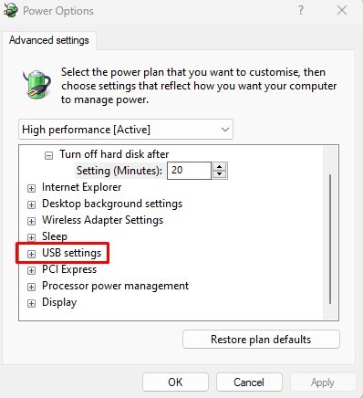 USB selective suspend setting