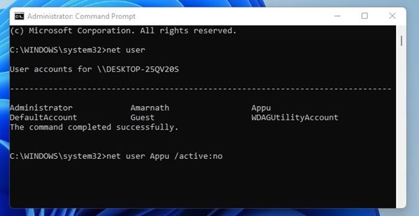 net user ACCOUNT-NAME /active:no