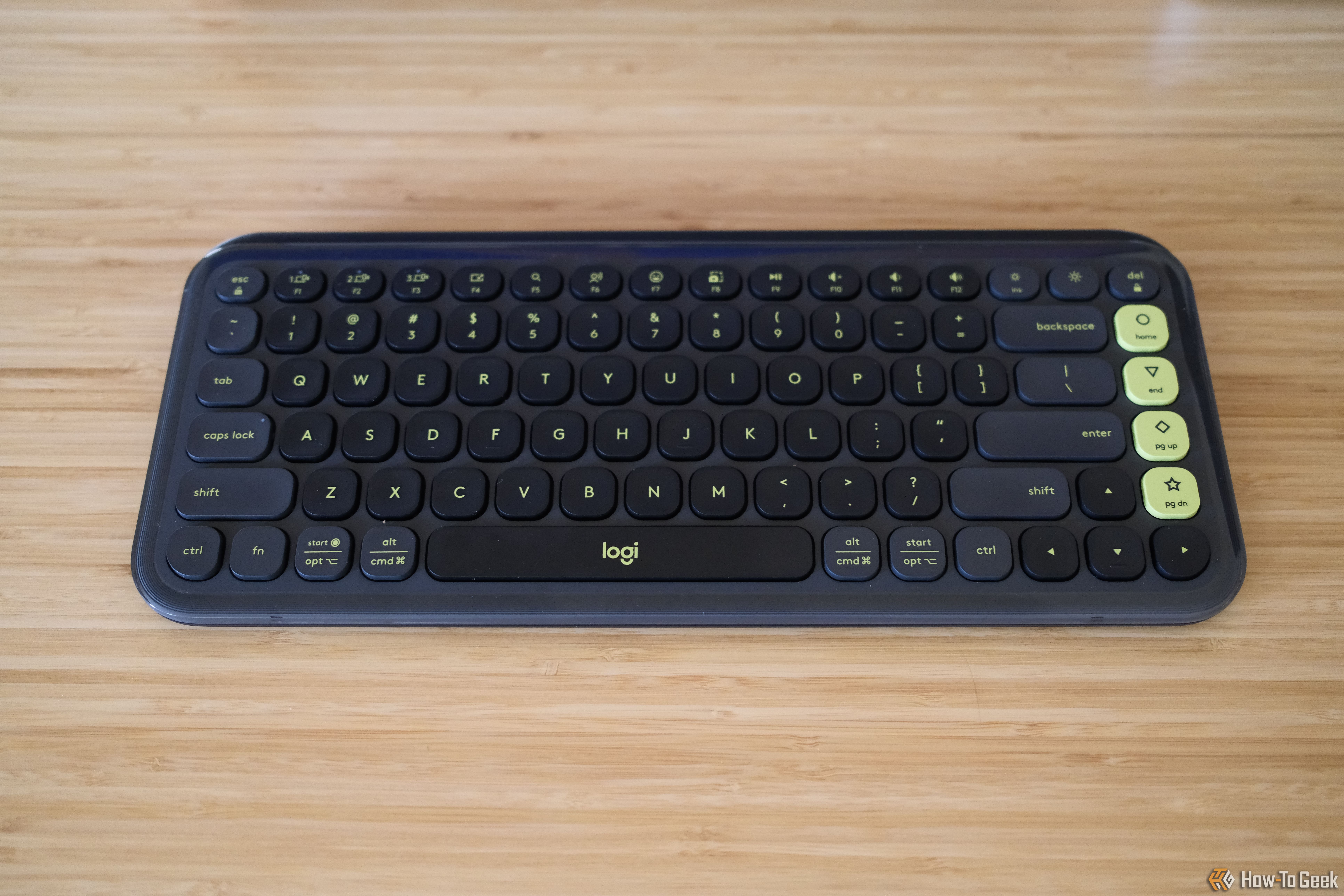 Top-down view of the Logitech Pop Icon Keys on a desk.