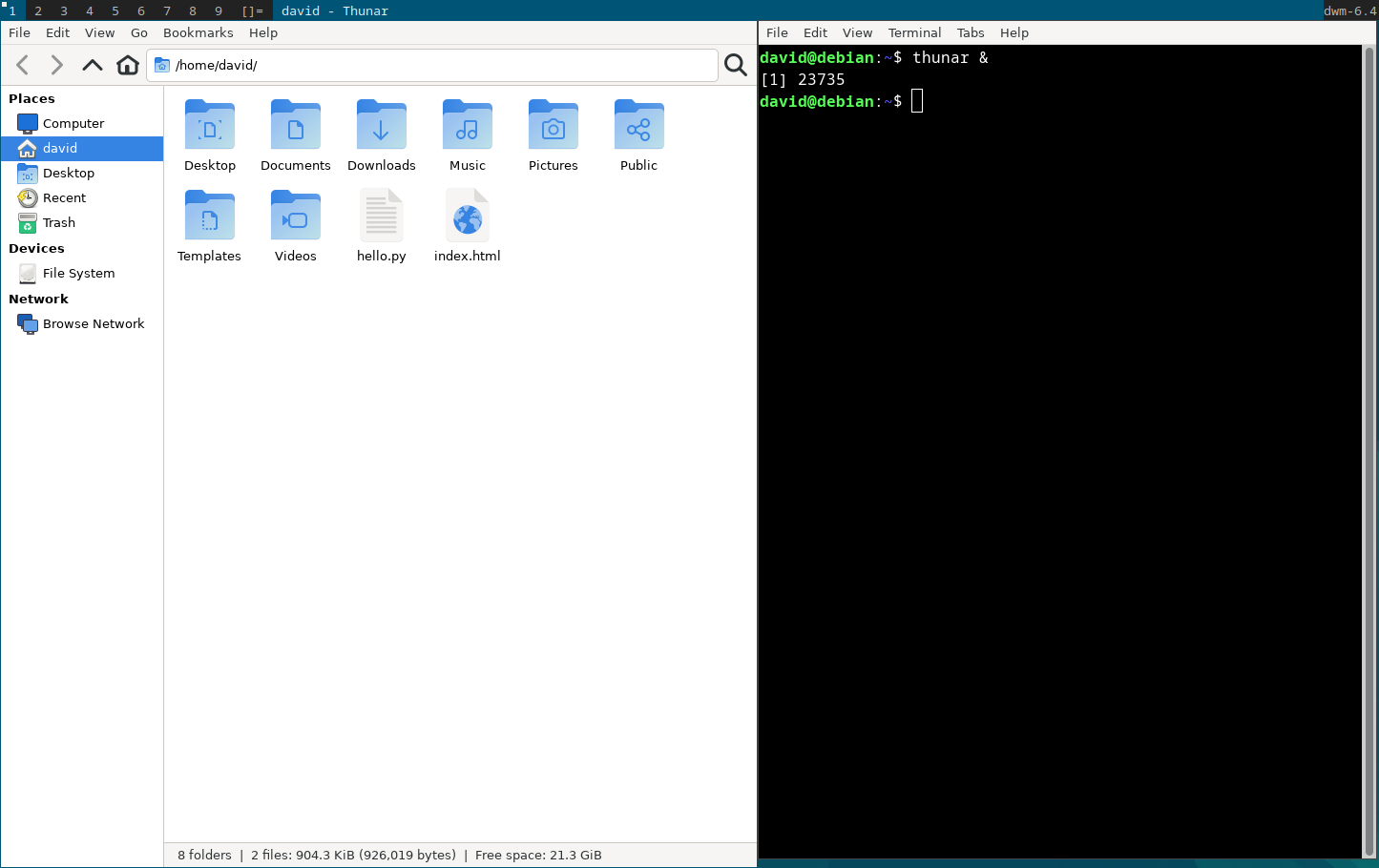 dwm in tiled mode showing a terminal and file manager.