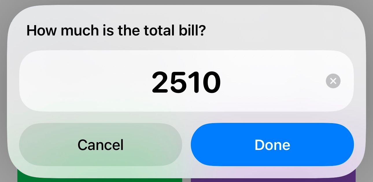 Entering the bill amount in the Calculate Tip & Split shortcut on an iPhone.