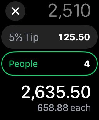 Choosing number of people to split the bill with in the Calculator app on an Apple Watch.