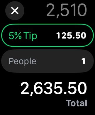 Choosing tip percentage on a bill in the Calculator app on an Apple Watch.