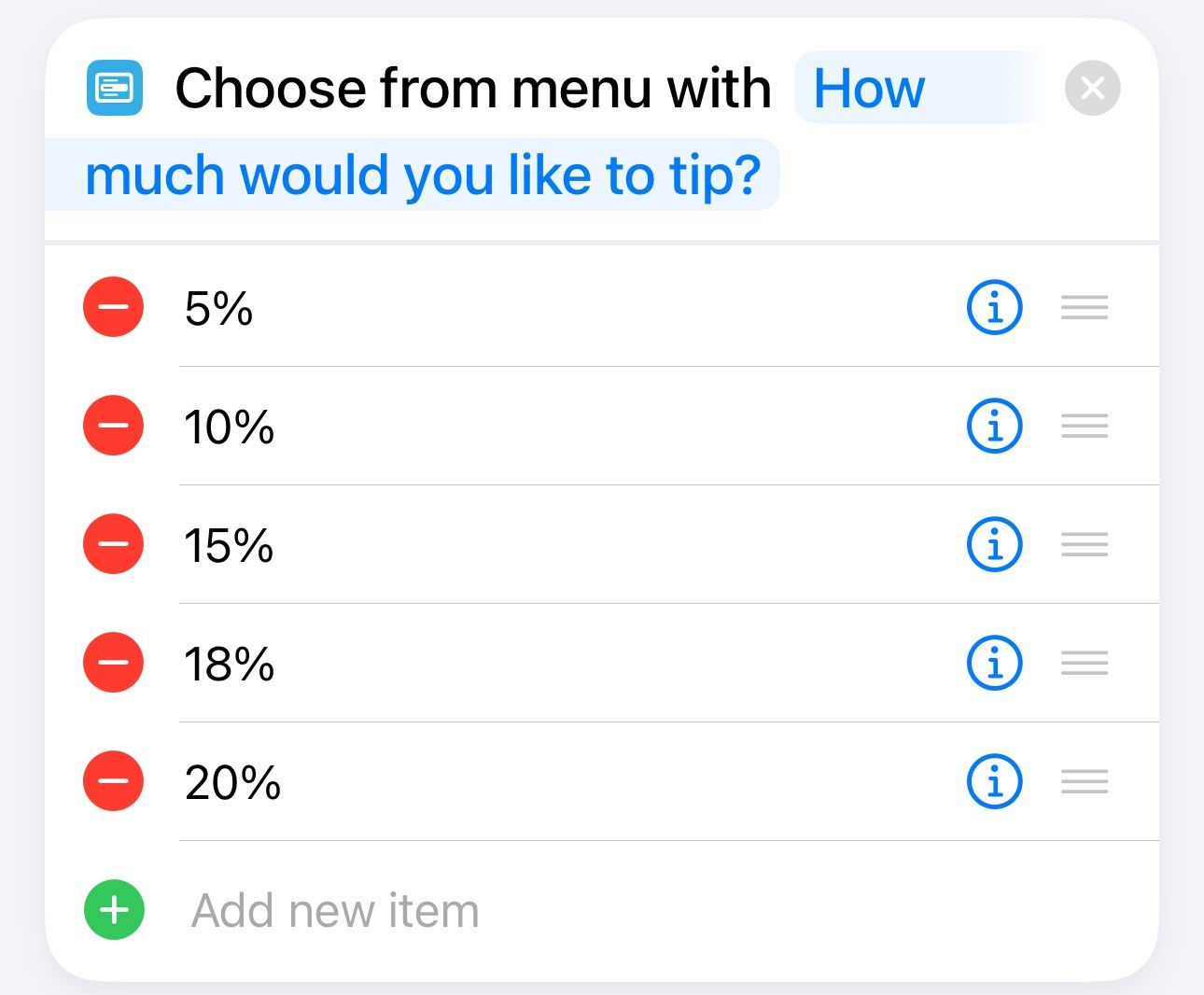 Adding a new tip percentage in the Calculate Tip & Split shortcut on an iPhone.