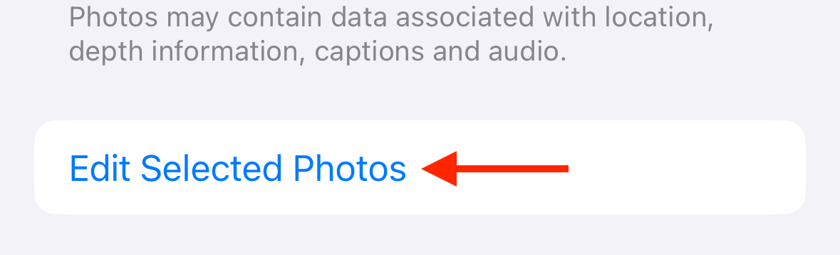 Edit Selected Photos button in iPhone settings.