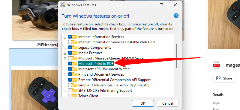 Tick the box next to Microsoft Print to PDF to enable the PDF printer, then click "OK."