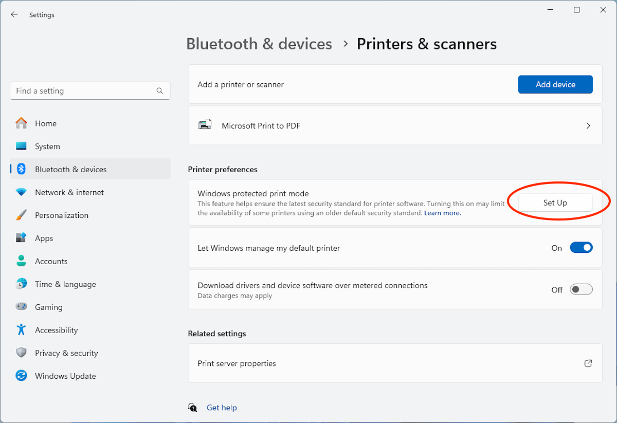 Enabling Windows Protected Print Mode in the Windows Settings app.