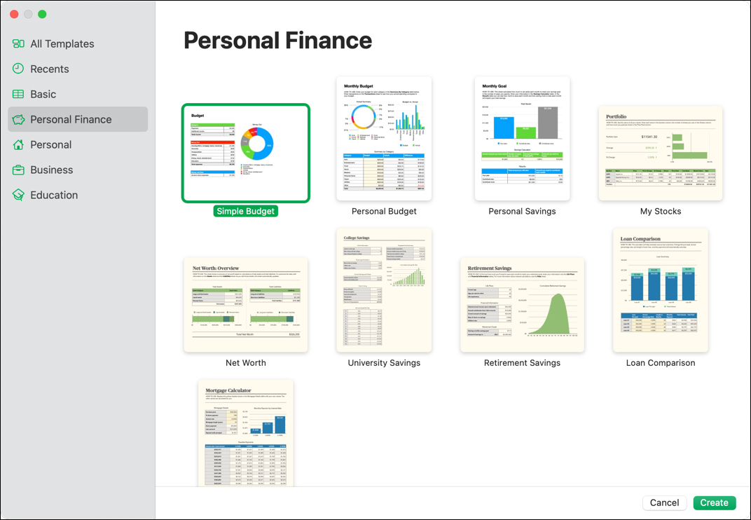 Example templates in Apple Numbers.