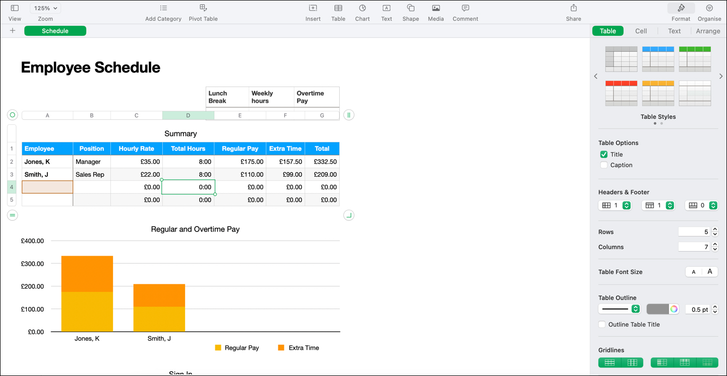 An example employee schedule spreadsheet in Apple Numbers.