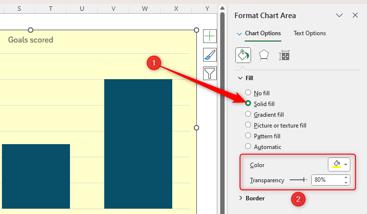 Excel's Format Chart Pane, with Solid Fill selected, and the color and transparency options highlighted.