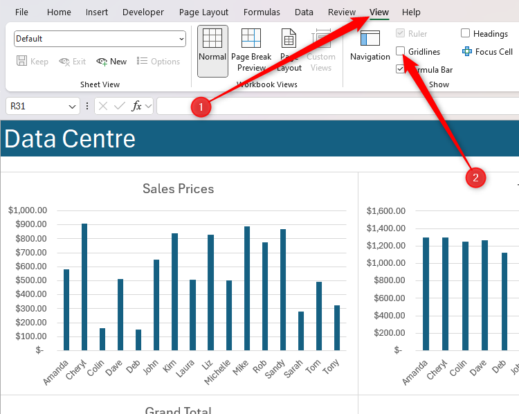 Excel's Gridlines option is unchecked in the View tab on the ribbon.