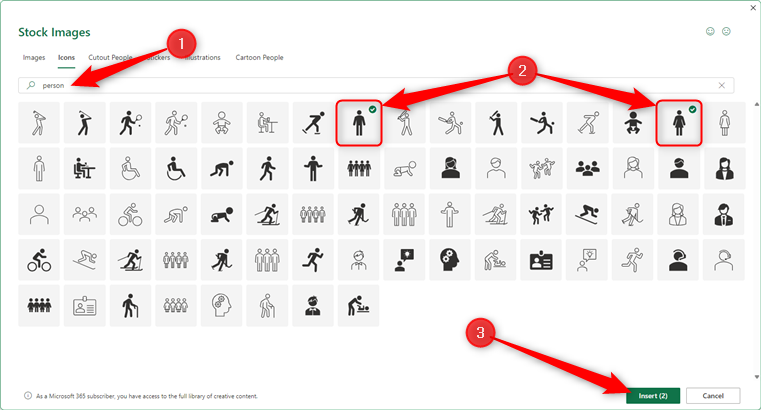 Excel's icon gallery, with 'Person' typed into the search box, male and female icons selected, and the Insert button highlighted.