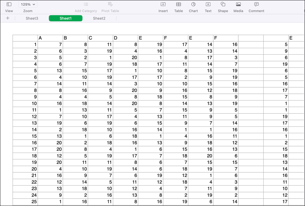 A converted Excel Spreadsheet in Apple Numbers with a lot of data visible.