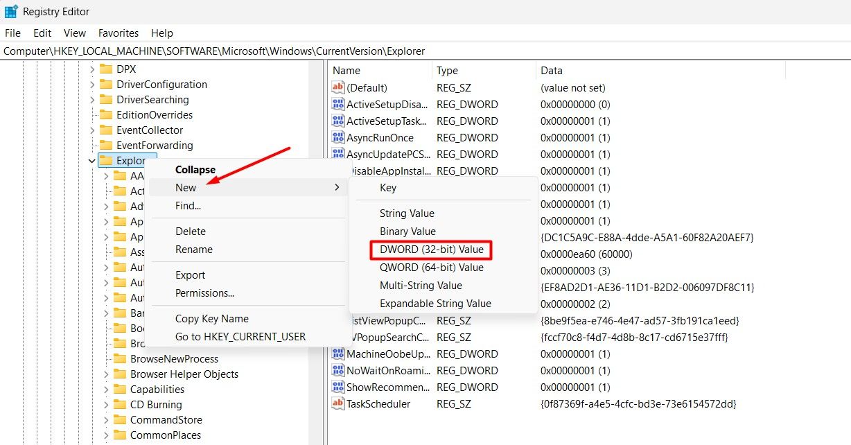 Explorer key in the Registry Editor.