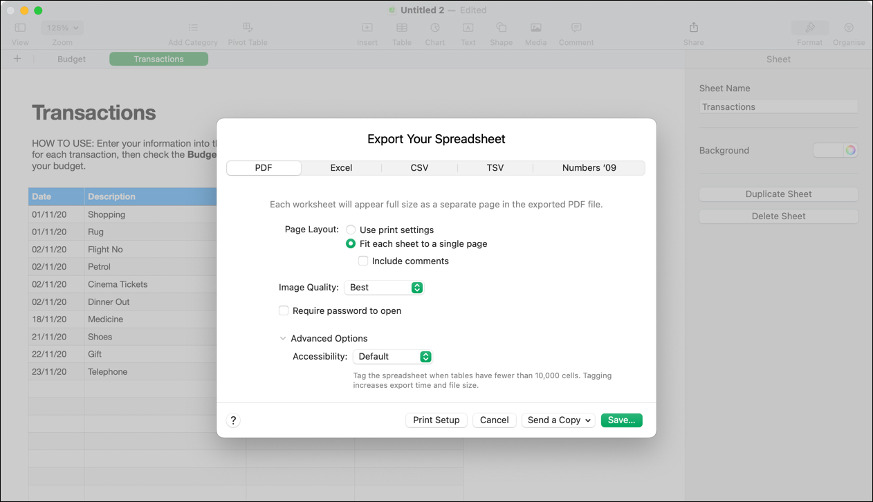 Exporting an Apple Numbers spreadsheet to a PDF.