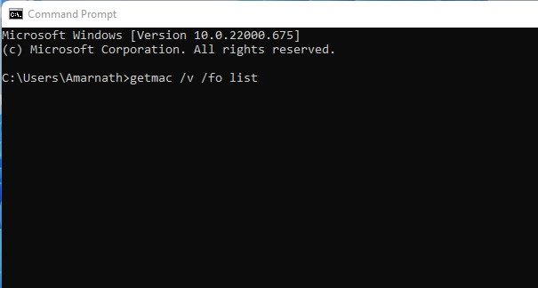 getmac /v /fo list
