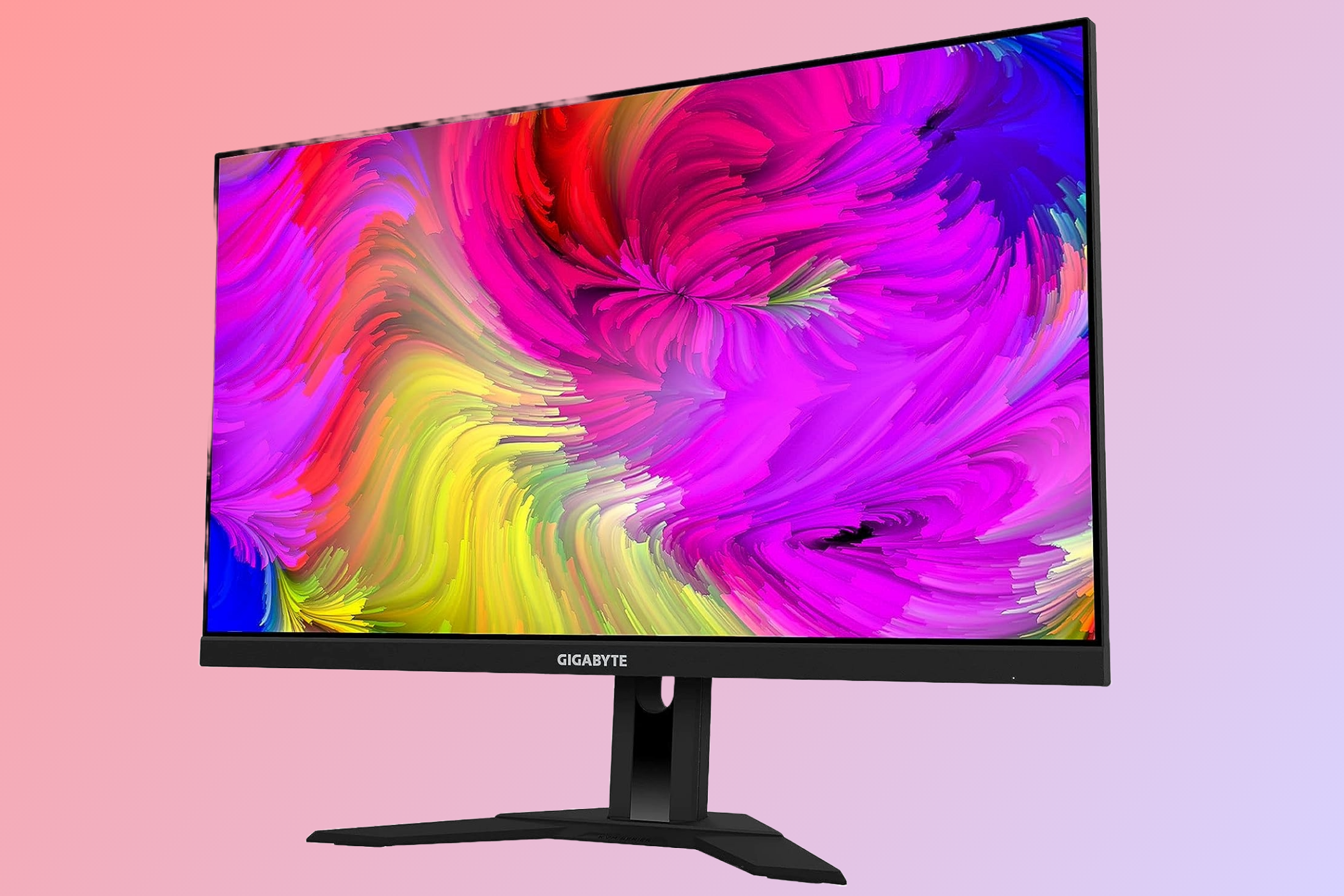 GIGABYTE M28U gaming monitor against a pinkish background.