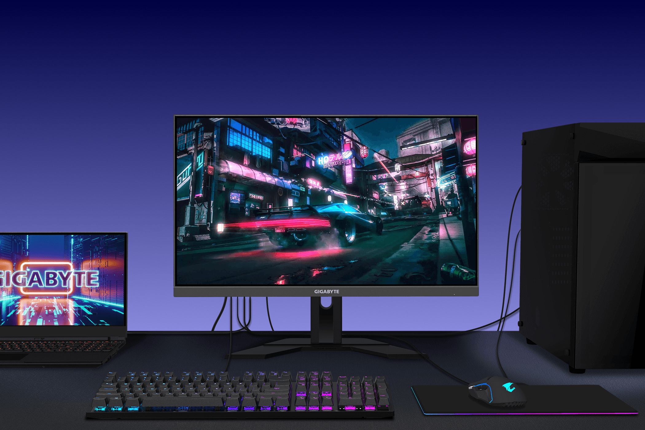 GIGABYTE M28U gaming monitor on a desk.