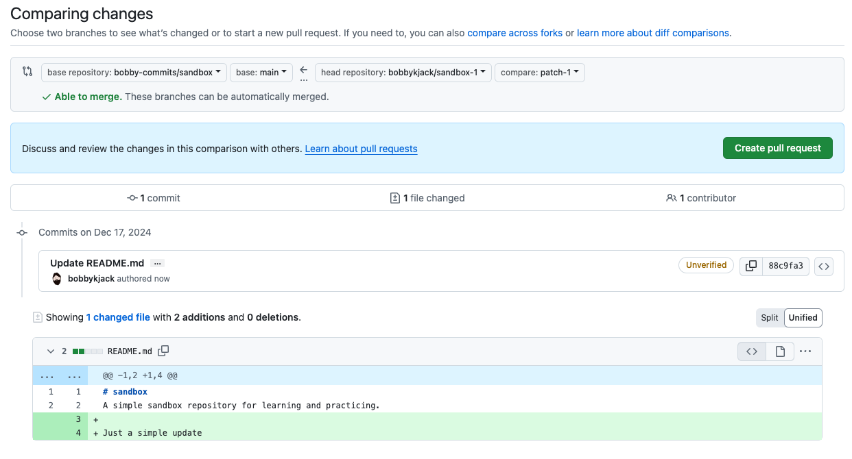 GitHub showing changes about to be submitted as a pull request.