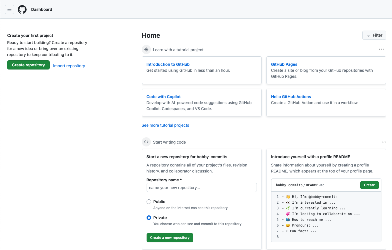 The GitHub dashboard which links to an "Introduction to GitHub" and other ways to start using the site.