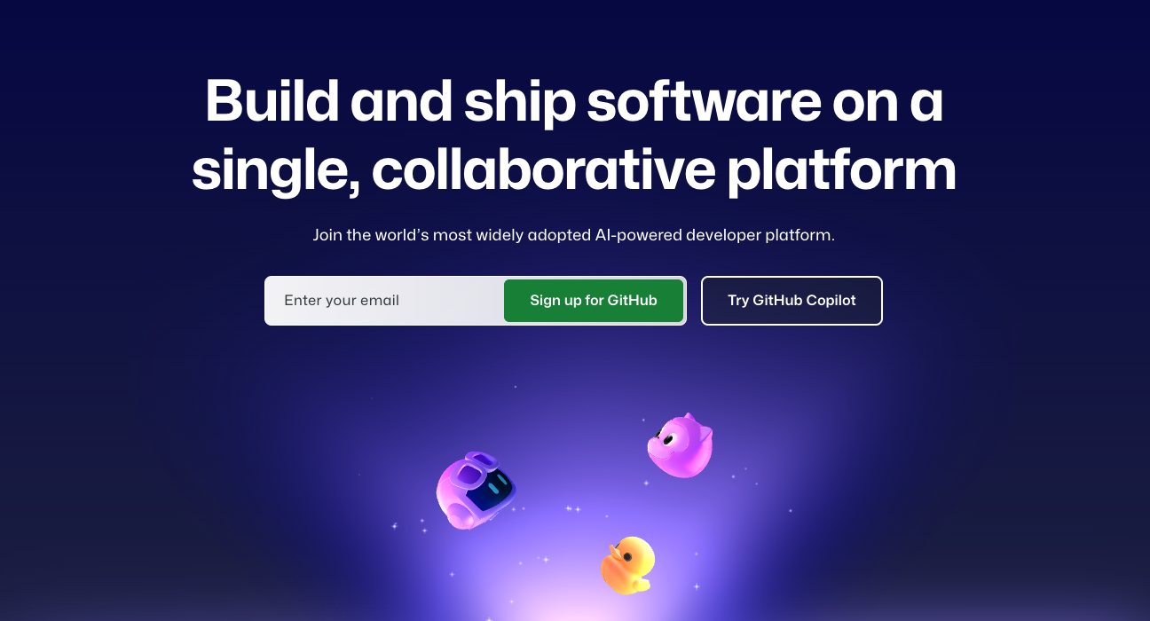 GitHub.com's home page with large writing that reads "Build and ship software on a single, collaborative platform."