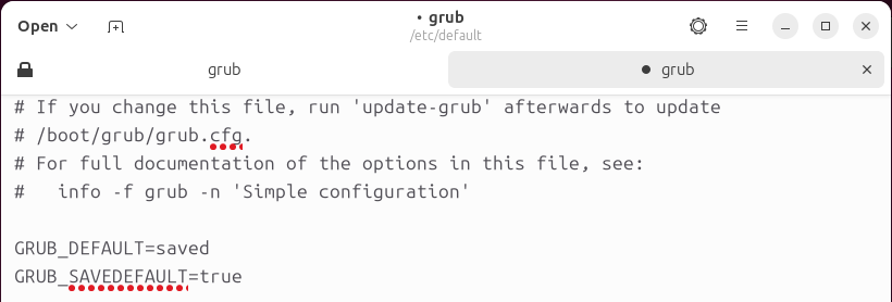 GNOME Text Editor with the GRUB2 configuration file showing the "save default" settings.