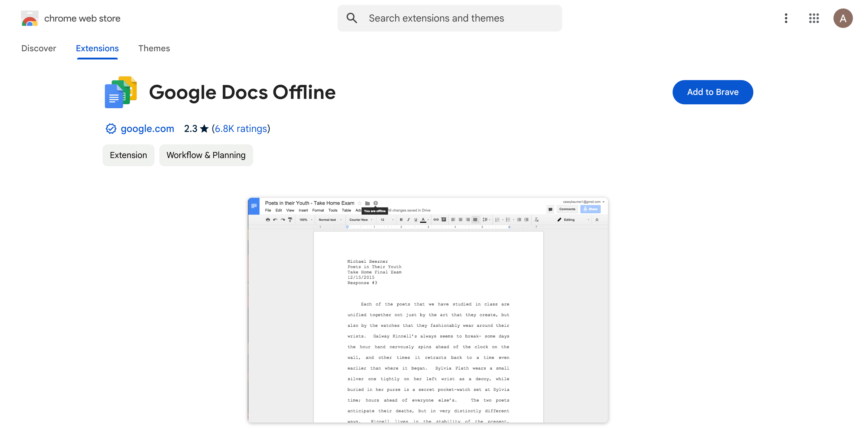 Google Docs Offline Chrome extension on the Chrome Web Store.