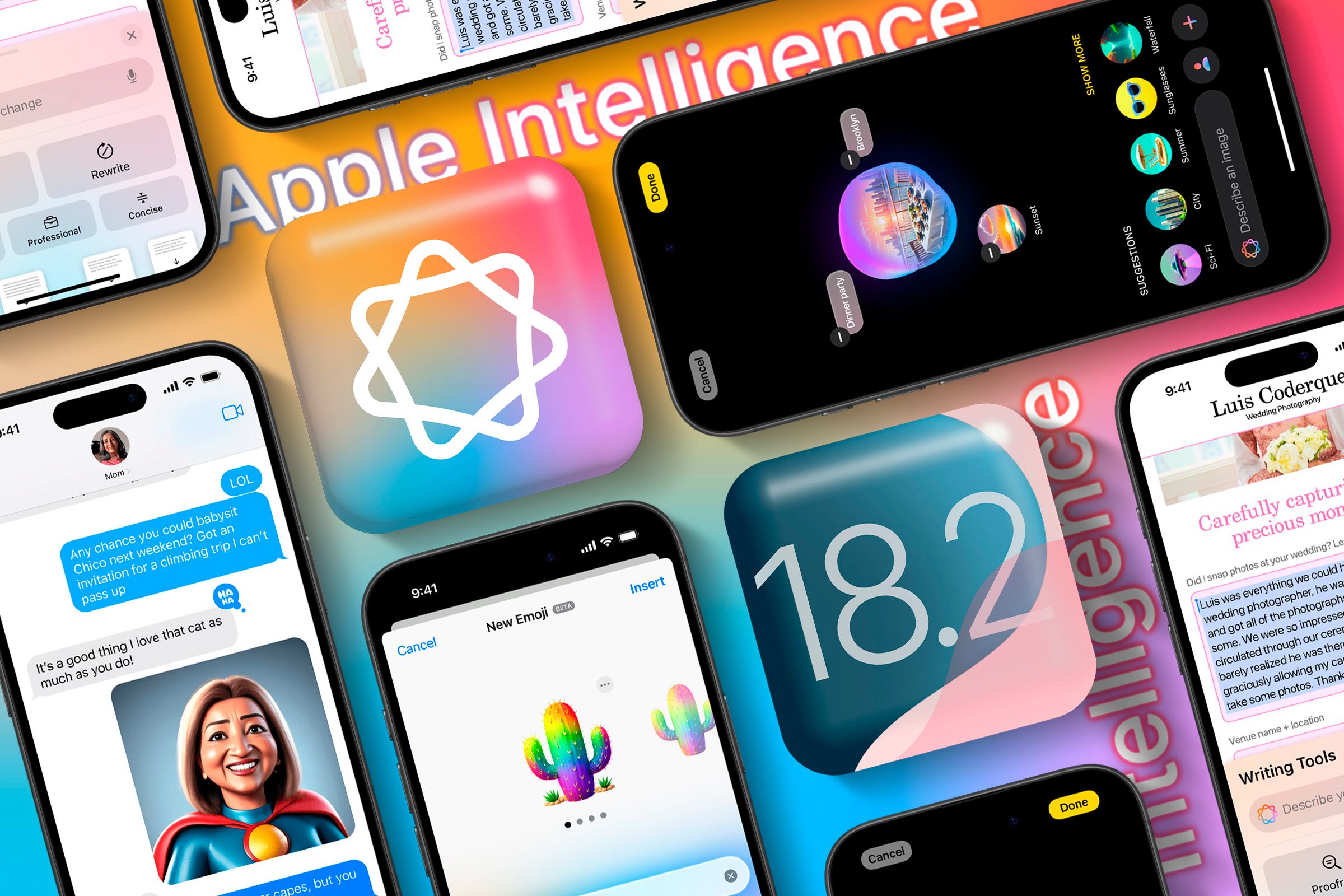 Icon of Apple Intelligence and iOS 18.2 with some Apple Intelligence features around.